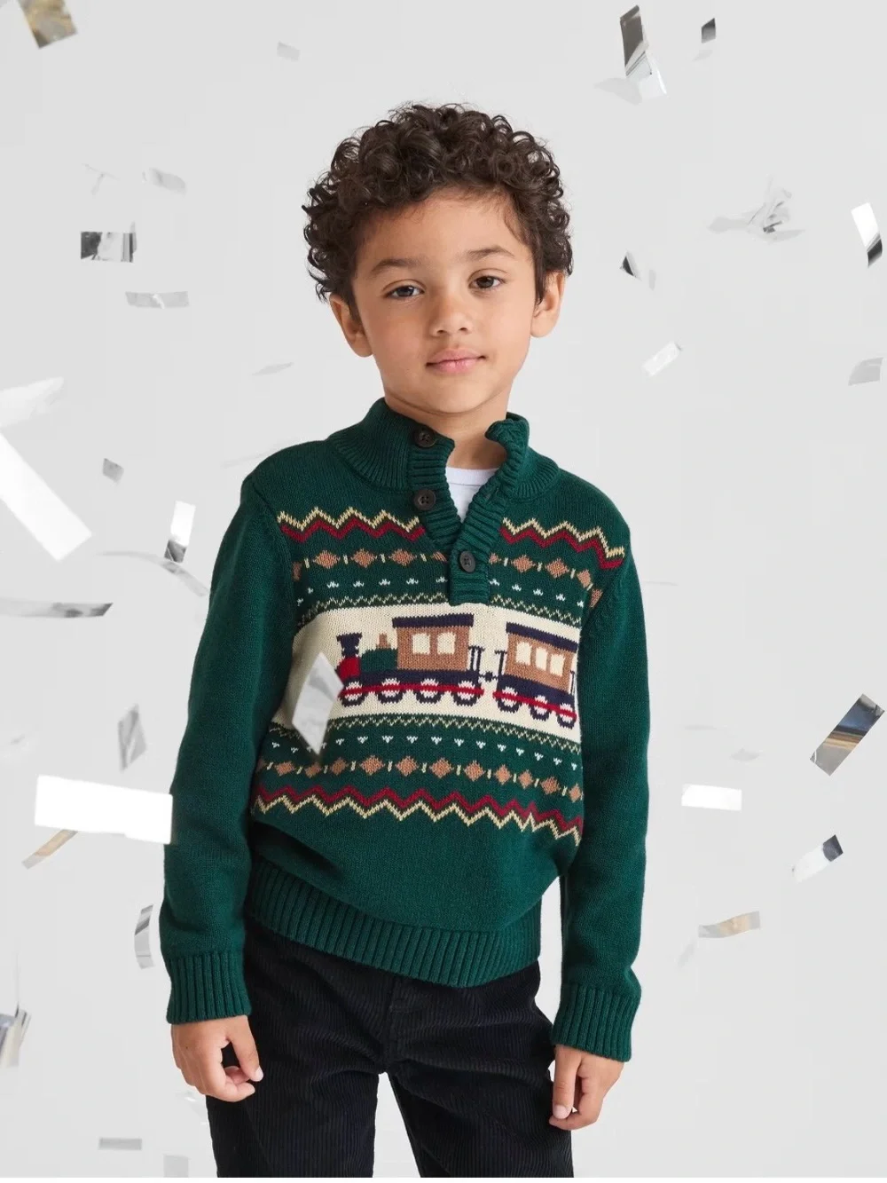 Children’s Place 2T Green Fair Isle Christmas Train Print Sweater Mock Neck